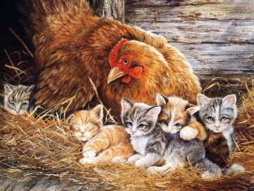  kätzchen Ölgemälde - Henne und Kätzchen